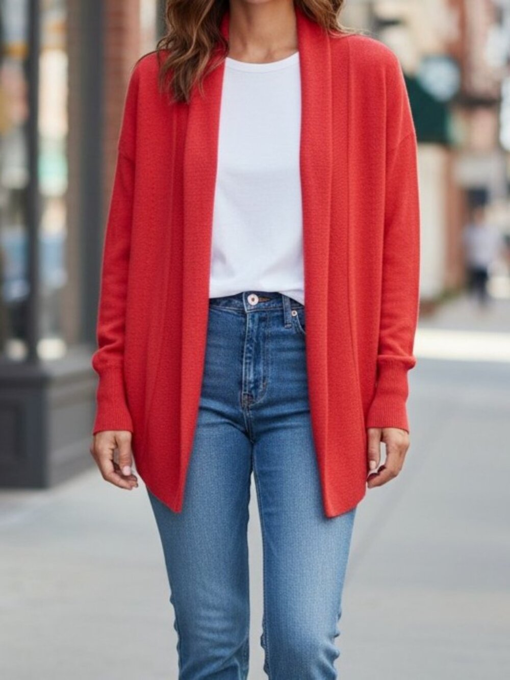 Skies Are Blue Coral Red Open Front Long Sleeve Knit Cardigan Sweater Womens M